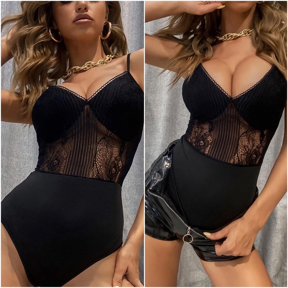 Bellanblue Tops - PLUS black lace sheer floral bodysuit cami